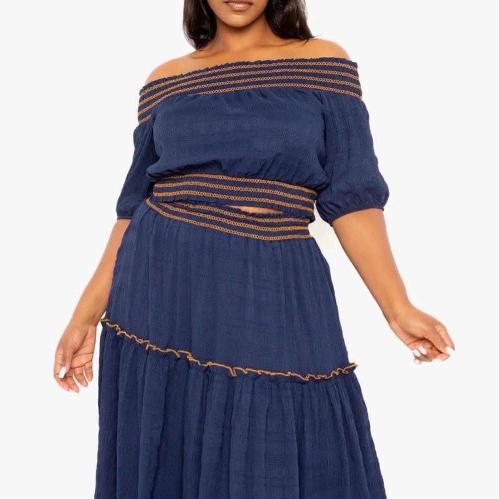 Buxom Navy Smocked Off the Shoulder Top & Maxi Skirt Set with Copper Trim